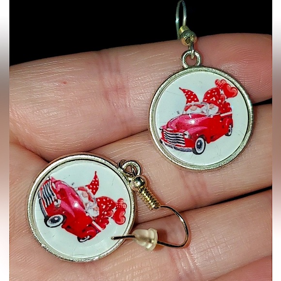 3/$15 Gnomes driving a Red Convertible, w Red Polka Dot Hearts pierced earrings - Picture 1 of 2